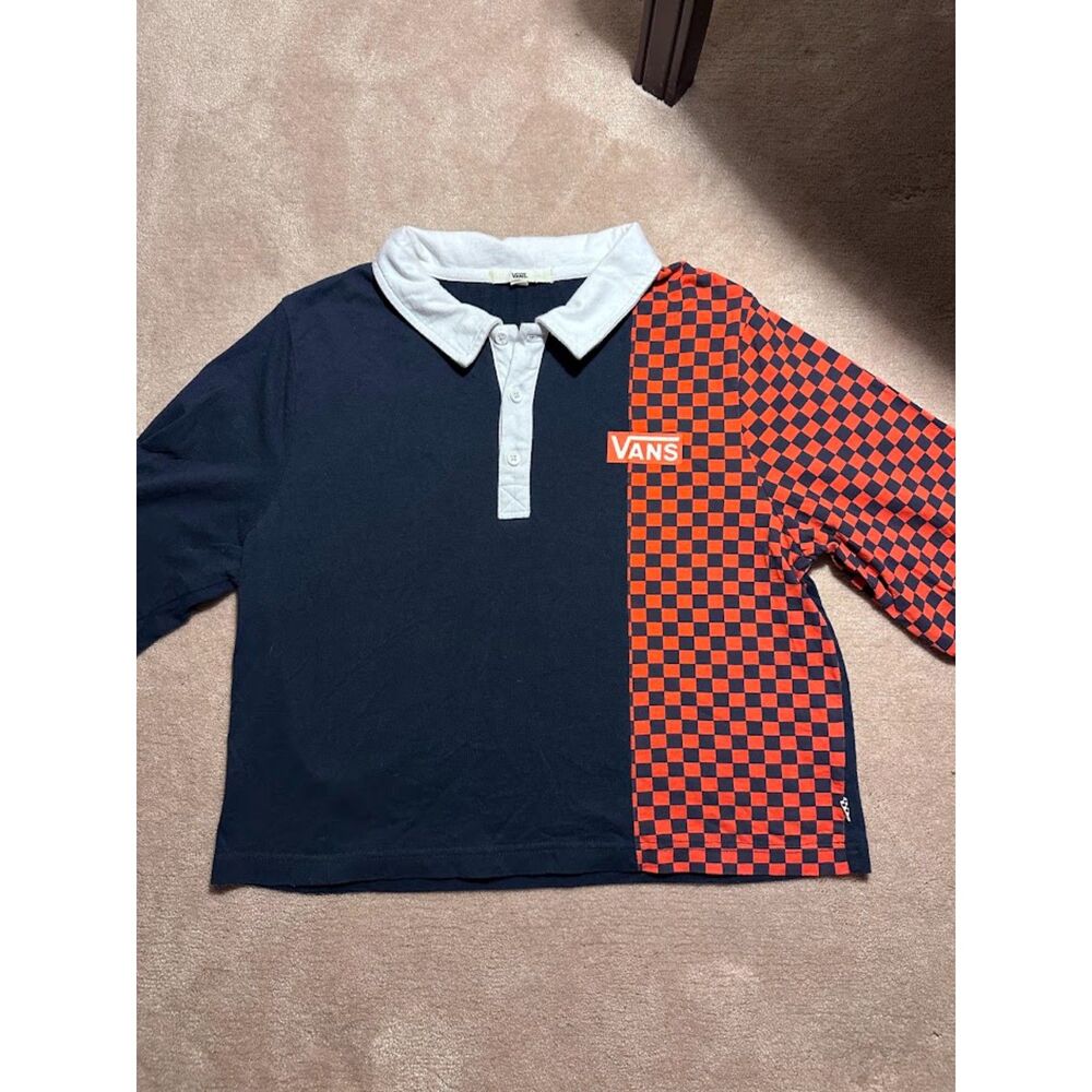 Vans Checkerboard Long Sleeve Rugby Polo Navy Red Size L